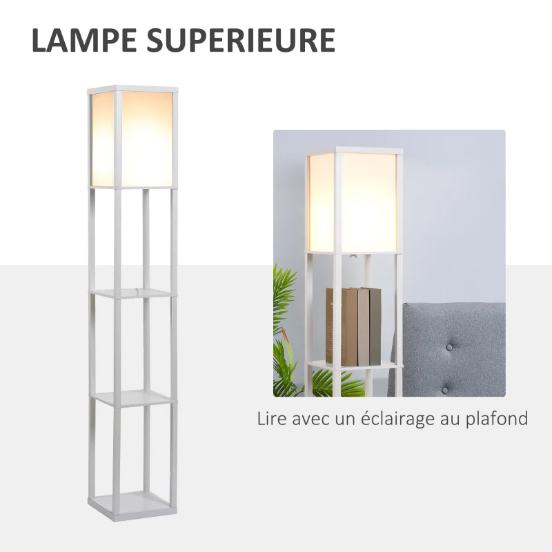 HOMCOM Lampadaire étagère Lampe étagère 26L x 26l x 160H cm 3 étagères 4 Niveaux MDF Blanc