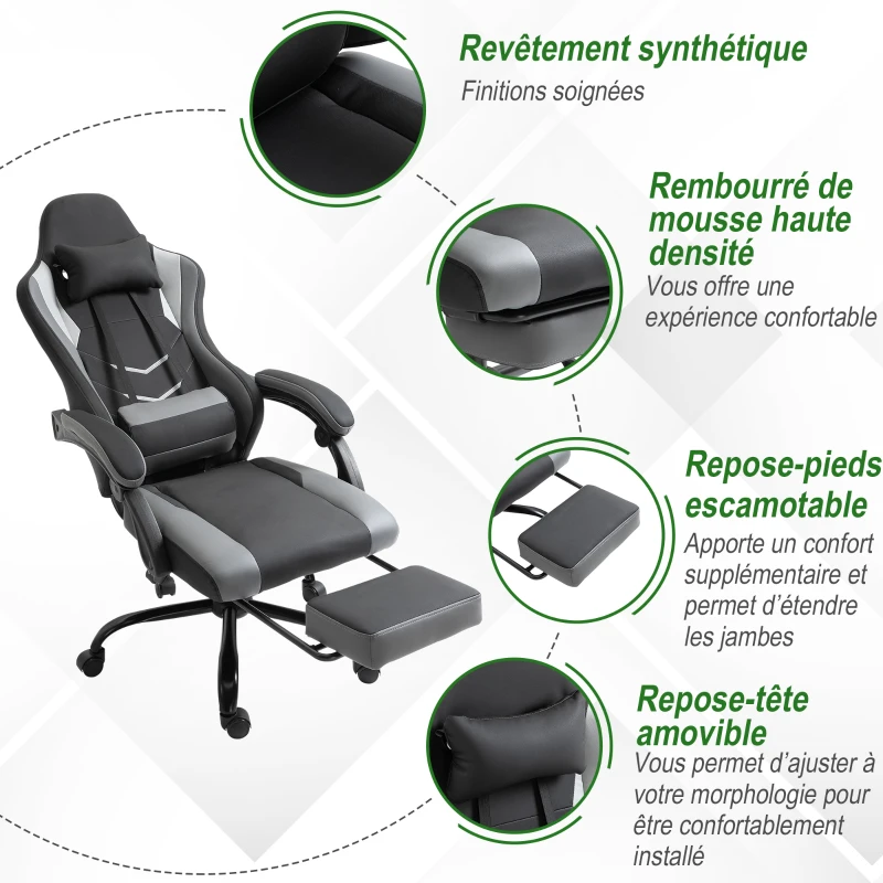 Fauteuil de bureau gamer revêtement synthétique gris noir