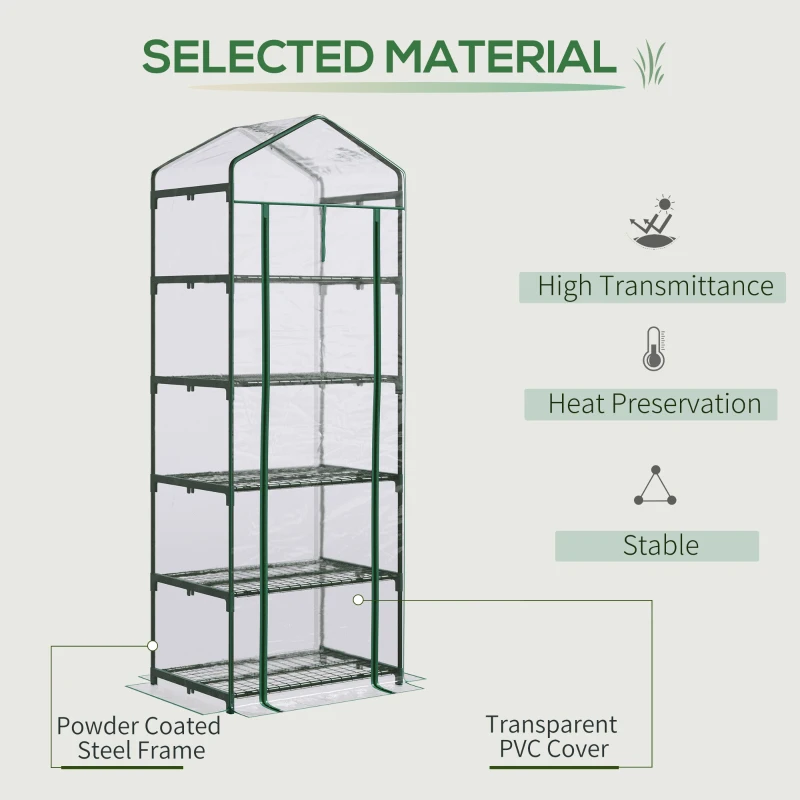 Outsunny 5 Tier Mini Greenhouse, Small Walk-in Greenhouse with Reinforced Plastic Cover, Garden Grow House with Roll Up Door and Shelves, 69 x 49 x 193cm, Green