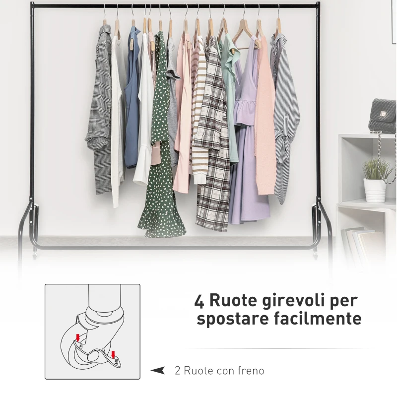HOMCOM Rella Appendiabiti Attaccapanni in Metallo, Stand per Vestiti con Rotelle, Nero, 150x60x170cm