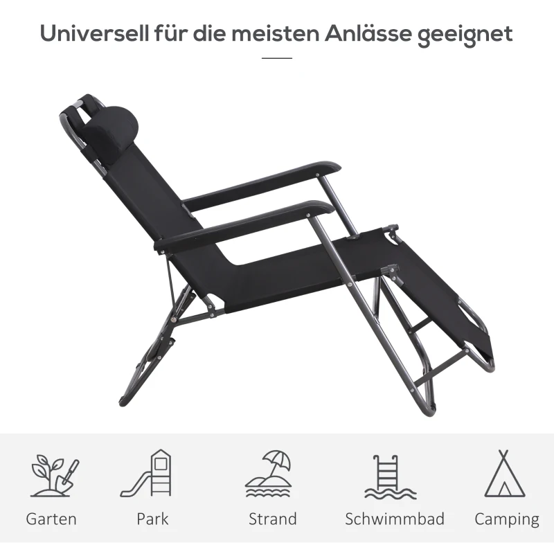 Outsunny Sonnenliege mit Kissen, Klappbare Strandliege, 2-Stufige Gartenliege , 2-in-1 Relaxliege, Metall + Oxfordstoff, Schwarz 118 x 60 x 80 cm