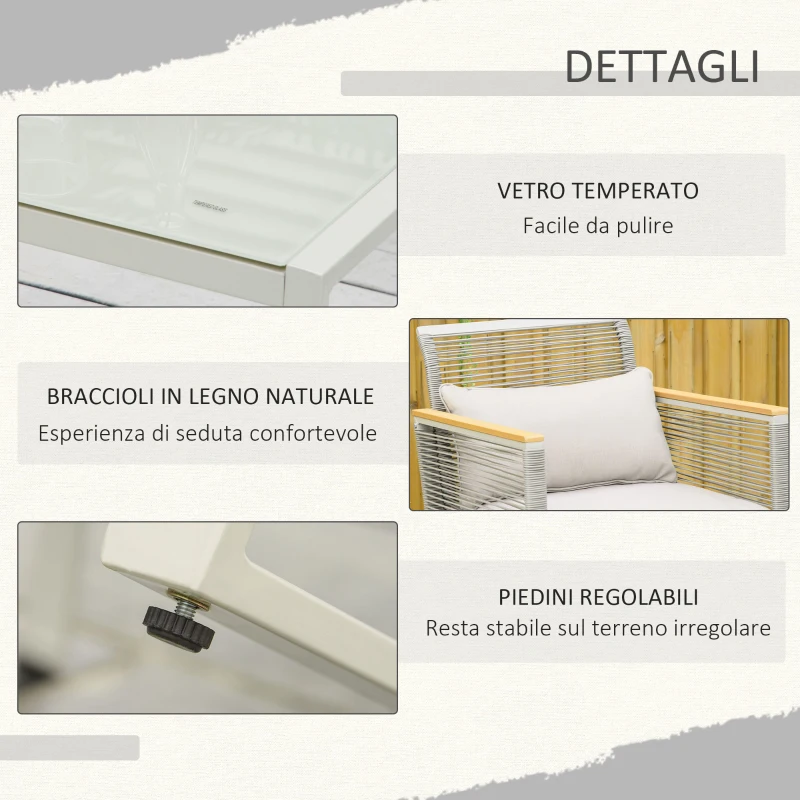 Outsunny Set da Giardino 4 Pezzi in Rattan PE con 2 Poltrone, Divanetto e Tavolino da Caffè in Vetro Temperato Grigio