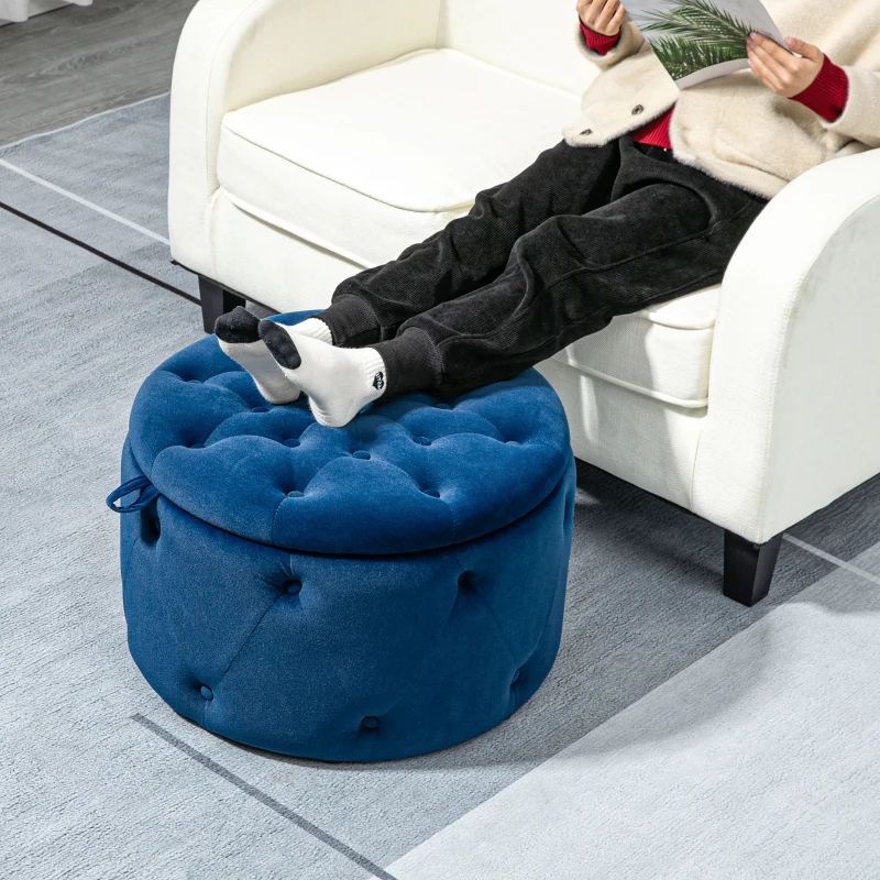 HOMCOM Hocker, rund, mit Staufach, Steppdesign mit Knöpfen, Bezug in Samtoptik, blau, 60 x 60 x 40cm