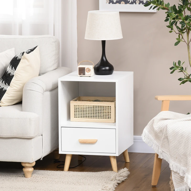 HOMCOM Mesita de Noche con 1 Cajón y Estante Mesa Auxiliar de Estilo Nórdico para Salón Dormitorio 40x40x62 cm Blanco