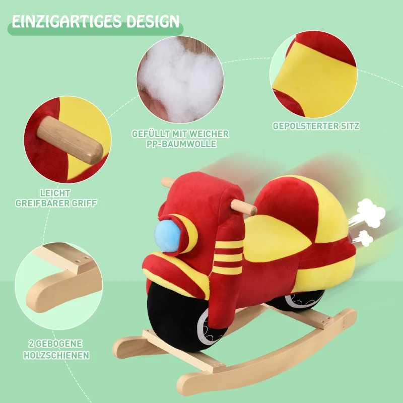 HOMCOM Kinder Schaukelpferd Baby Schaukeltier Motorrad mit Motorrad Sound, Schaukel Schaukelspielzeug Haltegriffe für 18-36 Monate Plüsch Rot+Gelb 60x25.5x48 cm