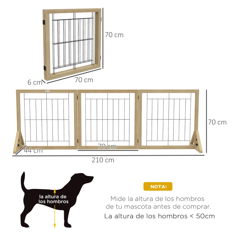 PawHut Valla para Mascotas Plegable de 3 Paneles con Plegado Bidireccional y Patas de Apoyo Triangulares 210x44x70 cm Natural