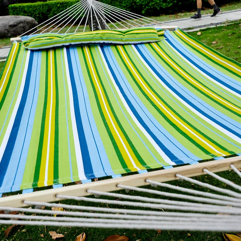 Outsunny Hamaca Colgante de Jardín para 2 Personas Hamaca Ecológico para Camping con Almohada Carga de 180 kg Rayas Azules y Verdes 3,4x1,4m