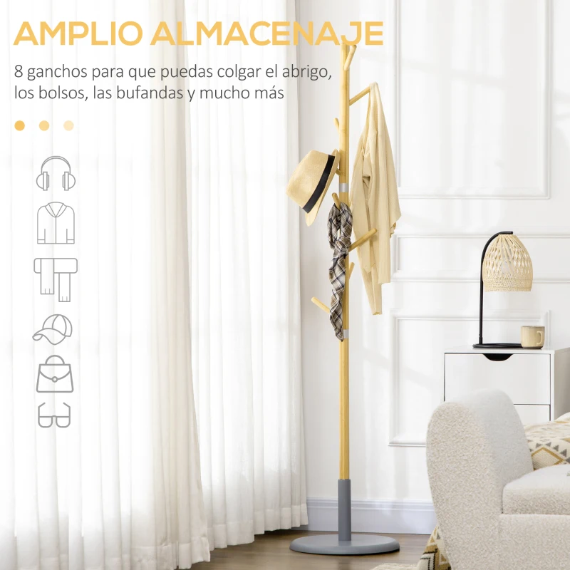 HOMCOM Perchero de Entrada Recibidor con 8 Ganchos para Colgar Ropas Bolsas en Forma de Árbol Ø37,8x175,6 cm Natural y Gris