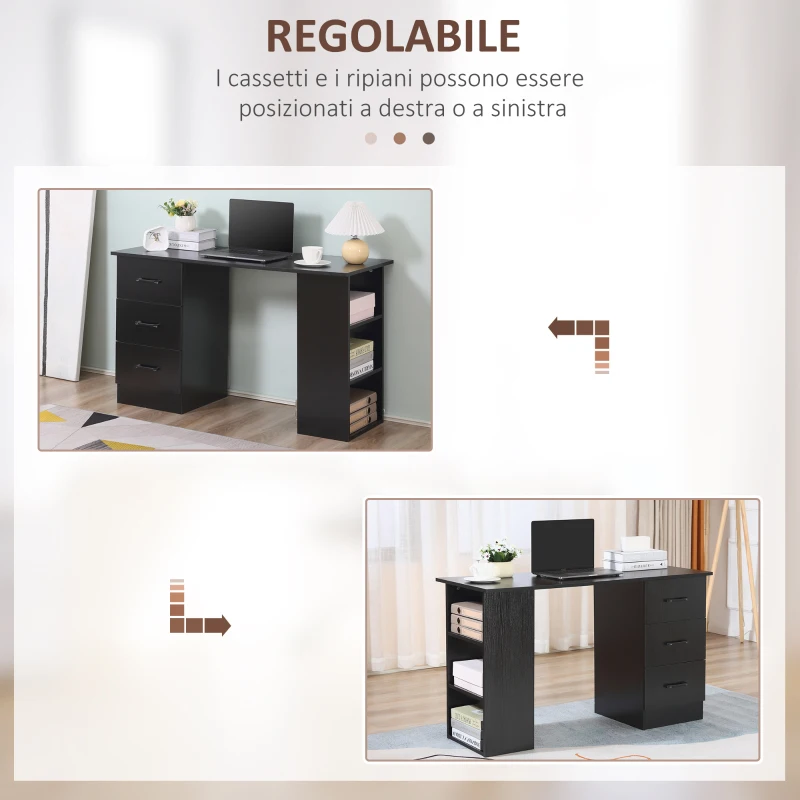 HOMCOM Scrivania Moderna in Legno con 3 Cassetti e 3 Ripiani per Camera e Ufficio, 120x49x72cm, Nero