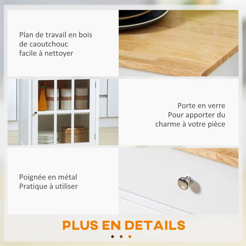 HOMCOM Desserte de cuisine à roulettes multi-rangement - placard porte vitrée avec étagère réglable, tiroir, porte-torchon - blanc aspect chêne clair