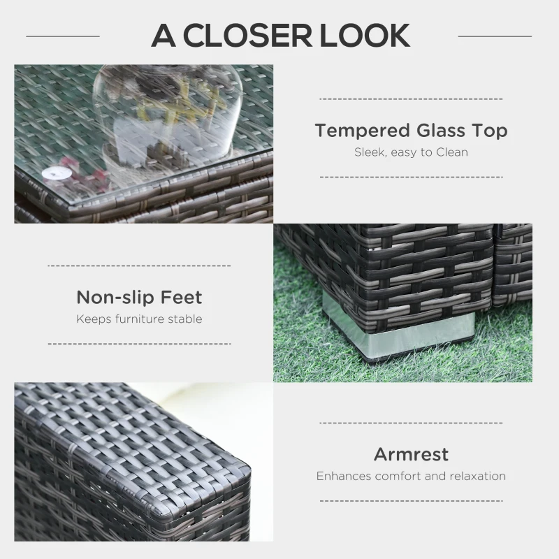 Outsunny 4 Pieces Rattan Garden Furniture Set, 4 Seater Corner Sofa Set with Storage Box, 2 Drawers Coffee Table, Loveseats with Cushions, Wicker Garden Conservatory Furniture for Balcony, Brown