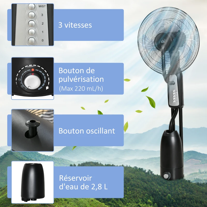 HOMCOM Ventilateur brumisateur silencieux 90 W sur roulettes avec 3 vitesses, oscillation à 70°, tête inclinable, gris et noir