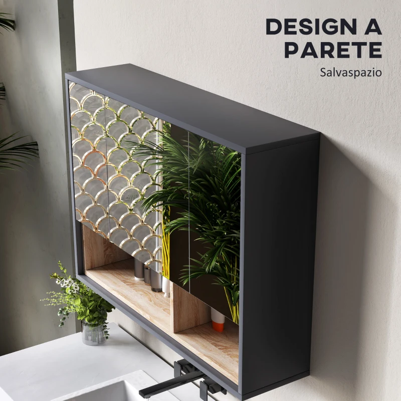 HOMCOM Specchiera Bagno a 3 Ante con Armadietto 8 Vani e Ante Ammortizzate, 80x20x60 cm, Grigio