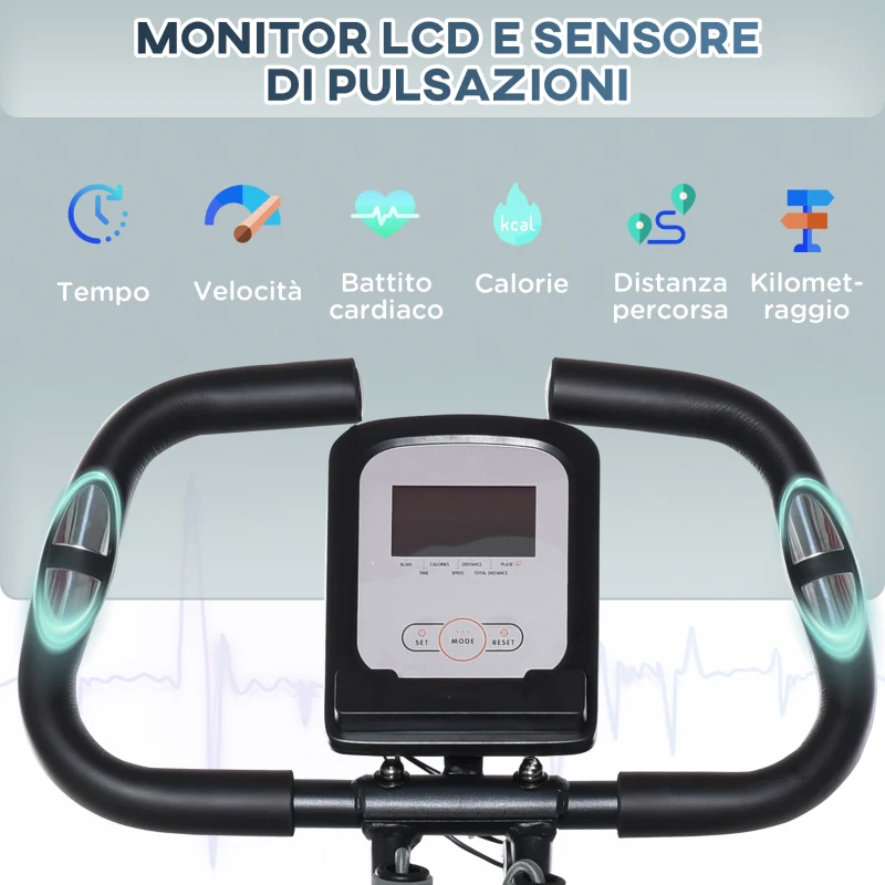 HOMCOM Cyclette Pieghevole con Schienale, Bande Elastiche e 8 Livelli di Resistenza Regolabile, Cyclette da Casa Silenziosa con Display LCD, Sensore di Frequenza Cardiaca, Porta Cellulare e Ruote