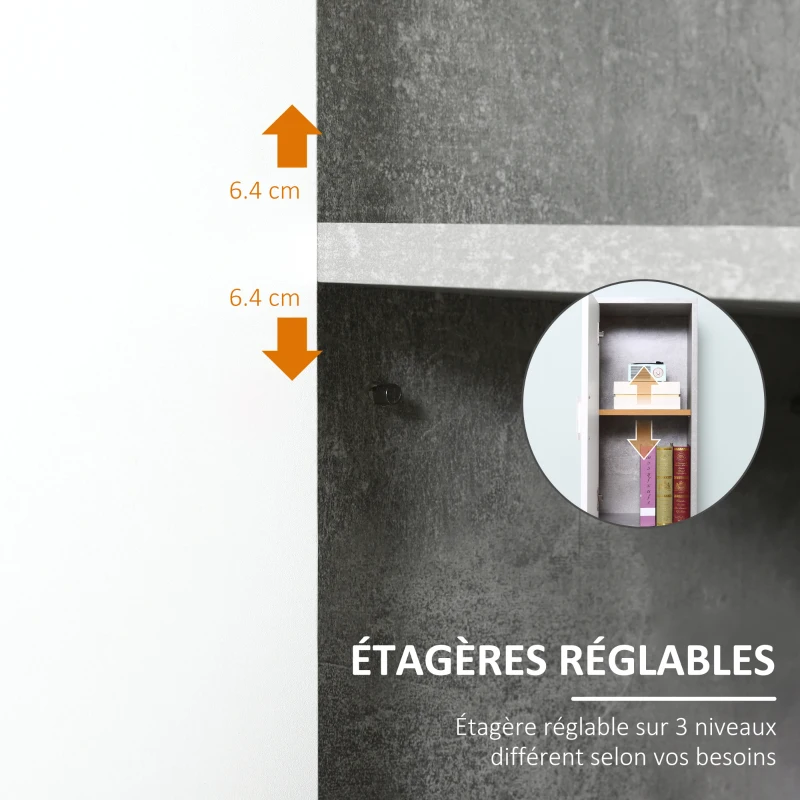 kleankin Meuble Colonne Rangement Salle de Bain dim. 30L x 30l x 180H cm 2 placards avec étagère + 2 niches Panneaux Particules Aspect Ciment Blanc