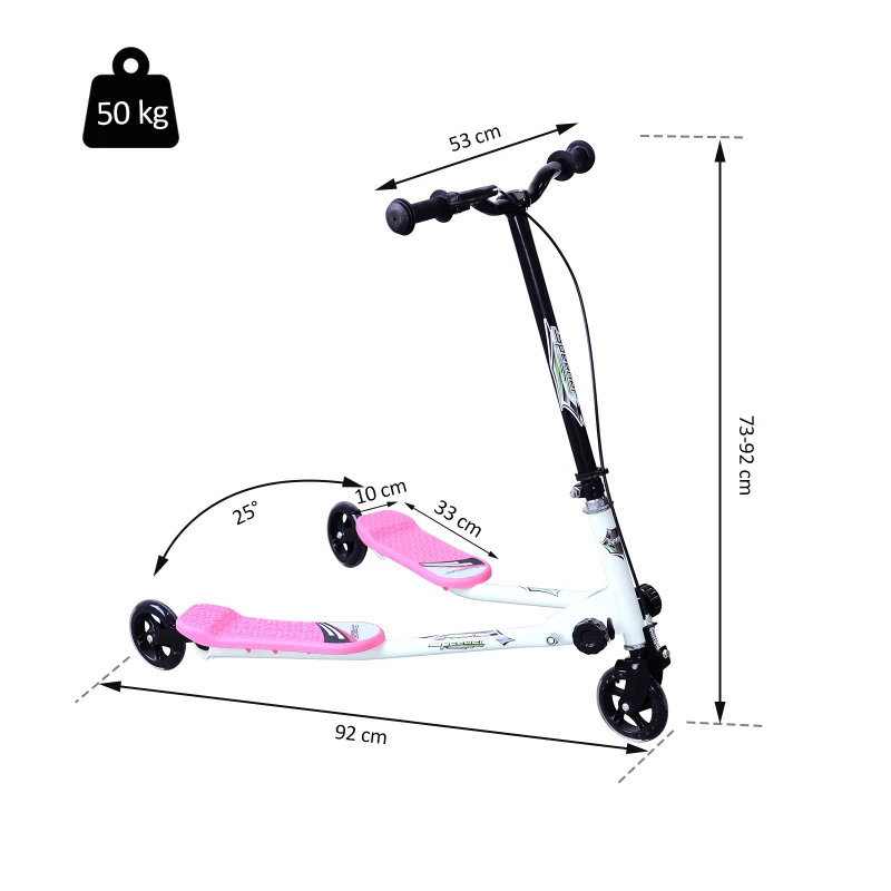 HOMCOM Patinete Scooter de 3 Ruedas Plegable Scooter de Oscilación Reductor para Niños +4 Años con Freno Manillar Ajustable Carga 50 kg 91x60x80cm Marco Acero Rosa