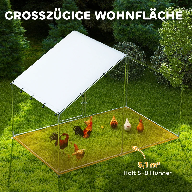 PawHut Hühnerauslauf für 5-8 Hühner, Dachplane, verriegelbare Tür, Stahlrahmen, 5,1 m², 3 x 1,7 x 1,9 m