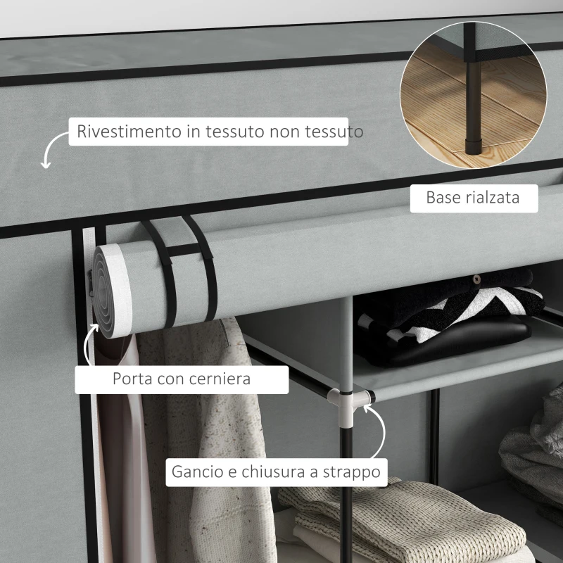 HOMCOM Armadio in Tessuto e Acciaio con 10 Ripiani, 4 Cassetti e Ante a Cerniera, Grigio