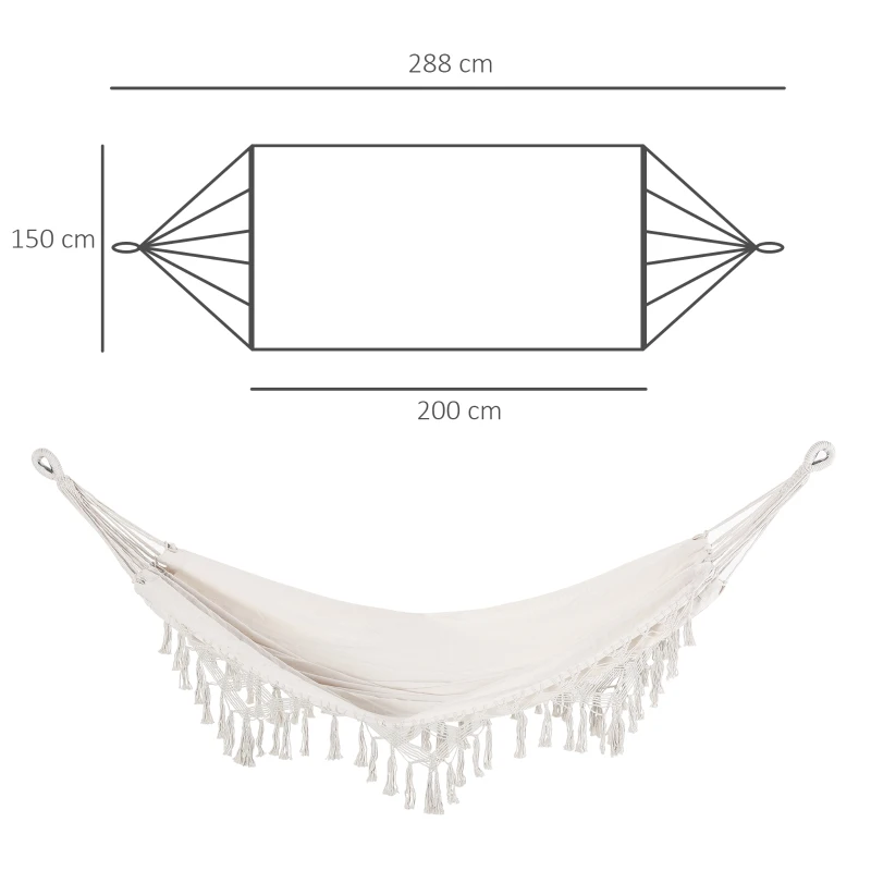 Outsunny Amaca da Giardino Sospesa in Tela con Frange Stile Boho, 288x150 cm, Capacità 120 kg, Crema