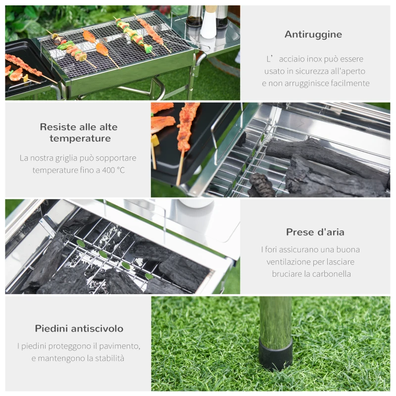 Outsunny Barbecue a Carbonella Grill BBQ da Giardino Balcone con Piano d'Appoggio Esterno Acciaio Inox 104 × 30 × 68cm