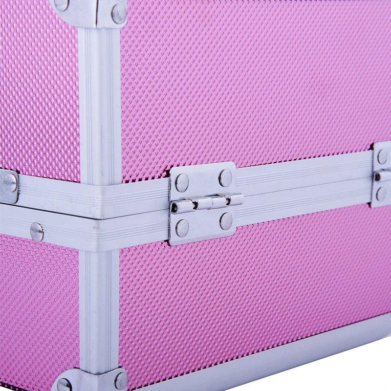 HOMCOM Maletín Maquillaje Profesional Estuche de Cosmético Portátil con Bandejas de 3 Niveles y Espejo 2 Llaves para Joyero Manicura Viaje 20x15x15 cm Rosa
