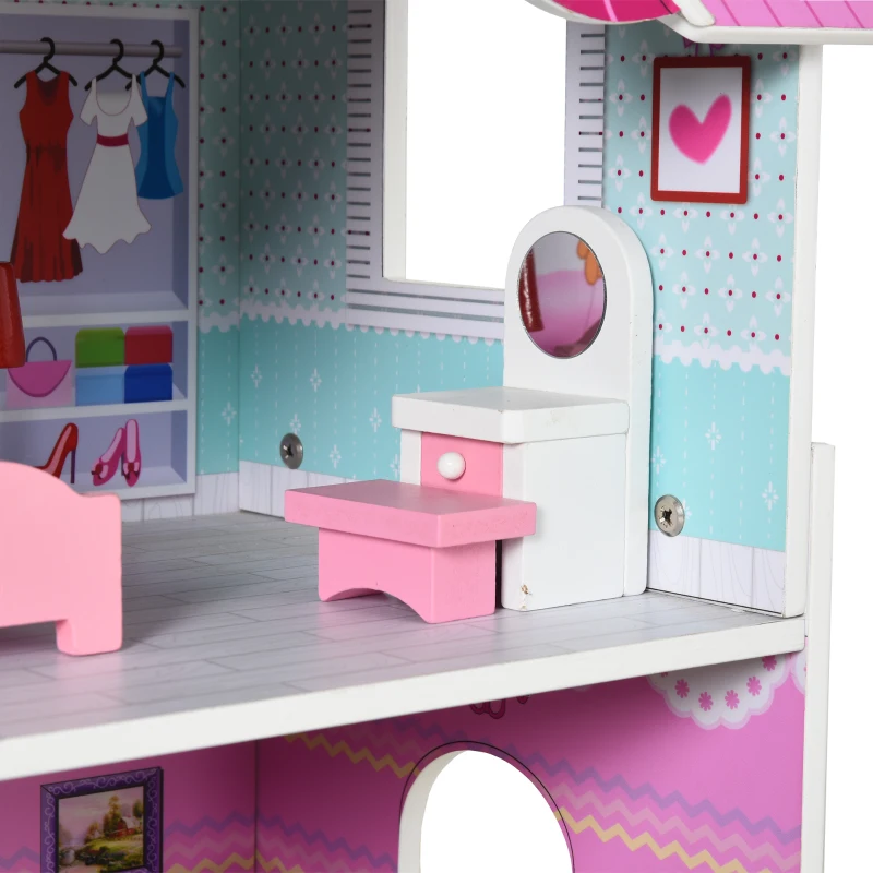 HOMCOM Casa de Muñecas de Madera de 3 Pisos con Patio 86x30x87 cm Muebles Accesorios de 13 Piezas Diseño Lindo Casita Muñecas de Juguete Madera Rosa
