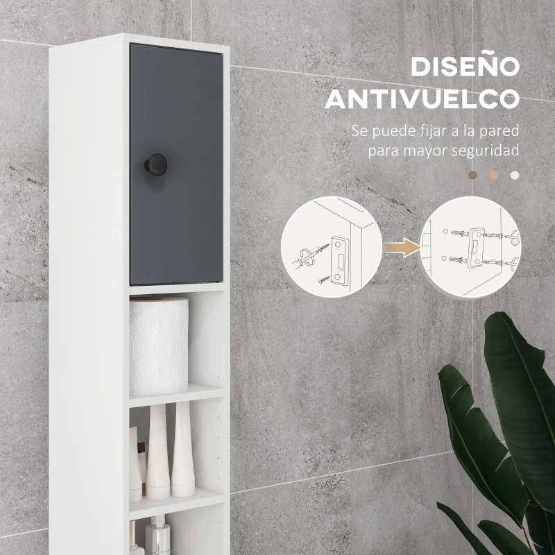 kleankin Columna de Baño con 1 Cajón 5 Estantes y 2 Puertas para Salón Dormitorio Carga 30 kg 20x20x180 cm Gris