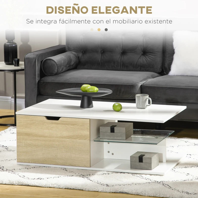 HOMCOM Mesa de Centro Moderna con Estante de Cristal y 2 Cajones Mesa Auxiliar Multifuncional 106x58x39 cm Blanco