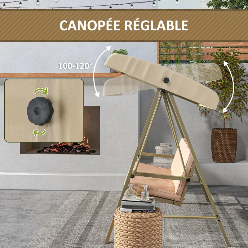 Outsunny Balancelle de jardin 3 places Toit Inclinaison réglable épais Coussins Amovibles Polyester Acier époxy Beige