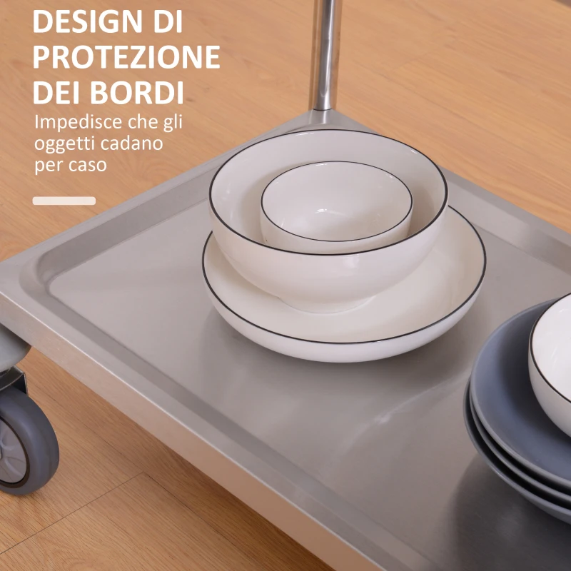 HOMCOM Carrello Cucina 2 Ripiani, Carrello con Ruote Portatutto, Carrello Portavivande in Acciaio Inox, 80x45x82cm, Argento