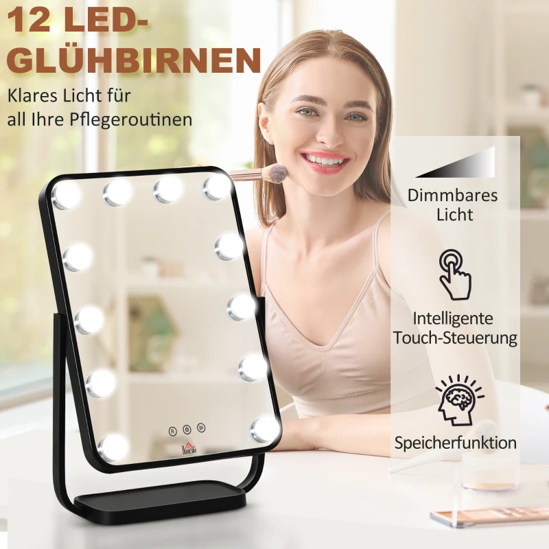 HOMCOM Schminkspiegel mit 12 LED-Lichtern Metall Schwarz