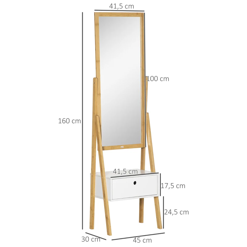 HOMCOM Espejo de Pie de Bambú Espejo de Cuerpo Entero con 1 Cajón para Dormitorio Vestidor Entrada 45x30x160 cm Natural