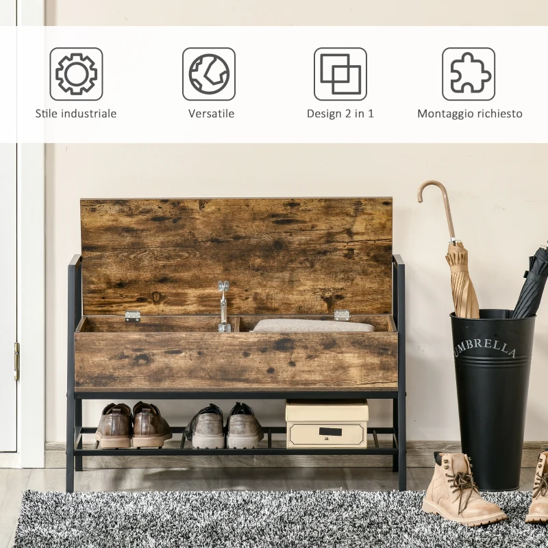 HOMCOM Mobile Scarpiera in Stile Industriale con Vano, Panca Scarpiera Vintage Salvaspazio in Legno e Metallo, Marrone Rustico, 90x37x60cm