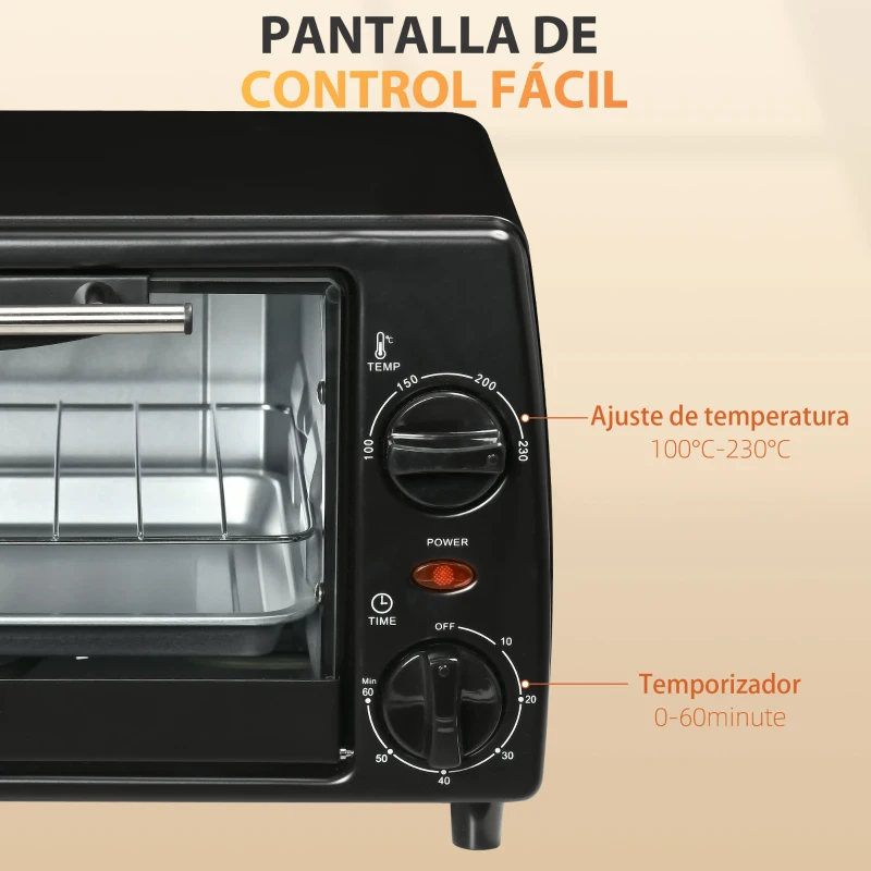HOMCOM Horno Eléctrico Sobremesa 10L  750W Horno Eléctrico Pequeño Temperatura 230 ℃ y Temporizador 36,5x26x22 cm Negro
