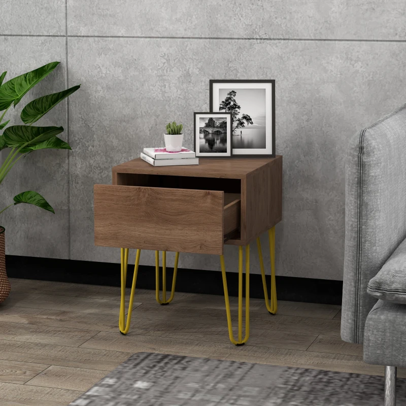 HOMCOM Table de chevet table de nuit avec tiroir table d'appoint en bois - pieds en épingle acier doré 39,5L x 41l x 49H cm