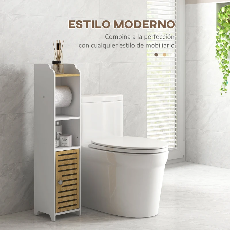 kleankin Portarrollos de Baño Moderno Armario de Baño con Estantes 1 Puerta y Portarrollos de Papel 18x20x90 cm Blanco y Roble