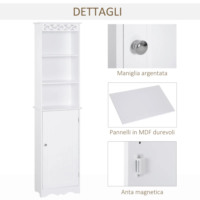 HOMCOM Mobiletto del Bagno a Torre 3 Ripiani Regolabili su 3 Livelli e 1 Ampio Armadietto Inferiore Manopole sull'Anta MDF Bianco 40x23x160cm