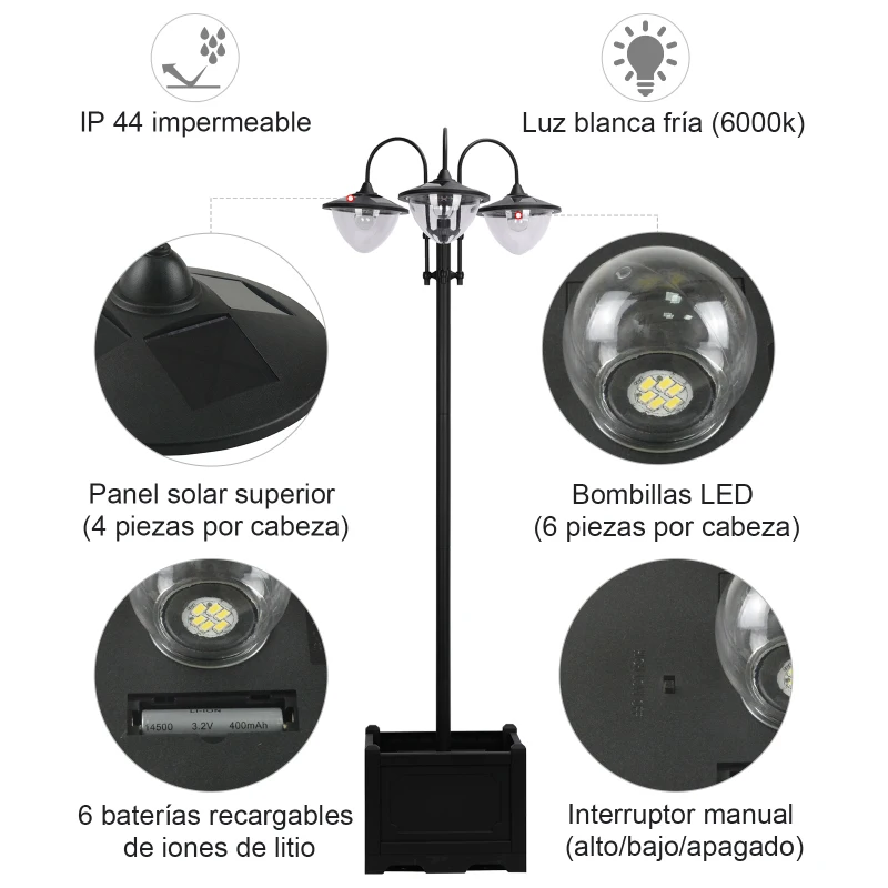 Outsunny Farol Solar de Jardín con 18 Luces LED Blanca Fría 6000K IP44 para Camino Terraza Patio 60x55x189 cm Negro