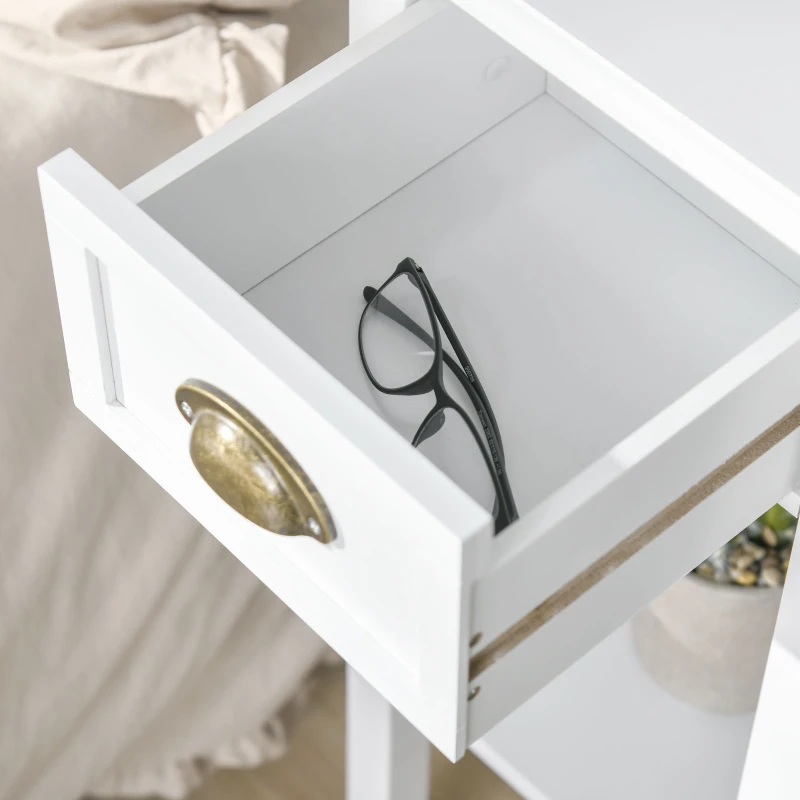 HOMCOM Lot de 2 Tables d'appoint Bout de canapé guéridon - tiroir, étagère - dim. 30L x 30l x 75H cm - poignées coquilles Laiton Vieilli MDF Blanc