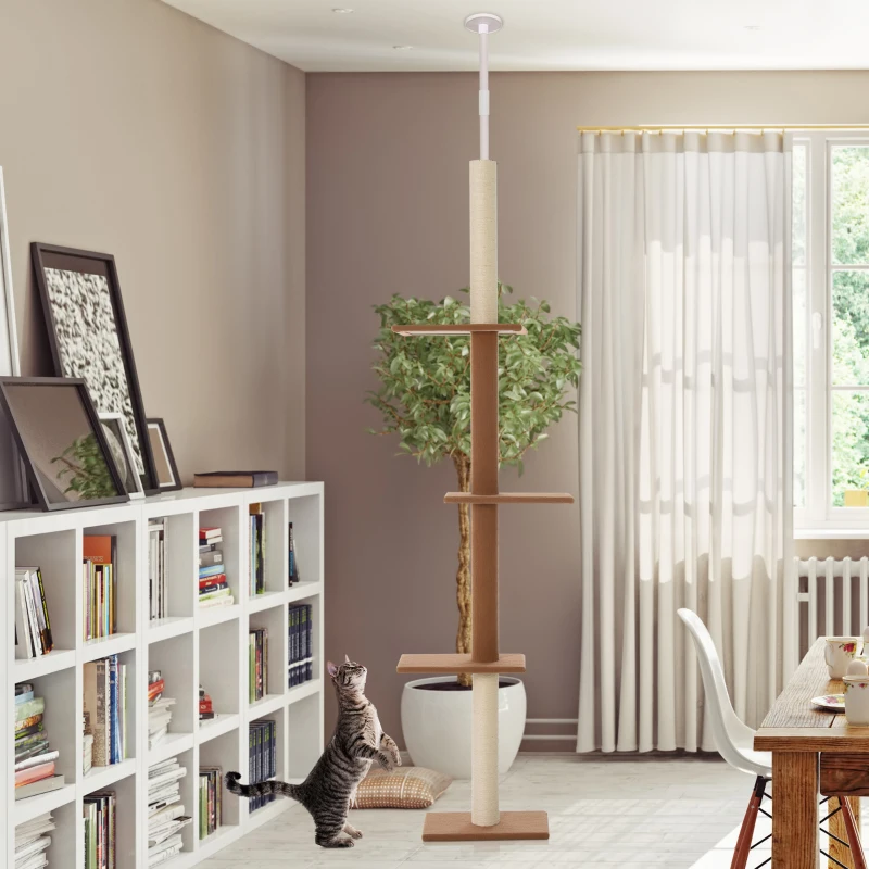 PawHut Árbol Rascador para Gatos de Suelo a Techo Torre para Gatos con Altura Ajustable y Plataformas 43x27x228-260 cm Marrón