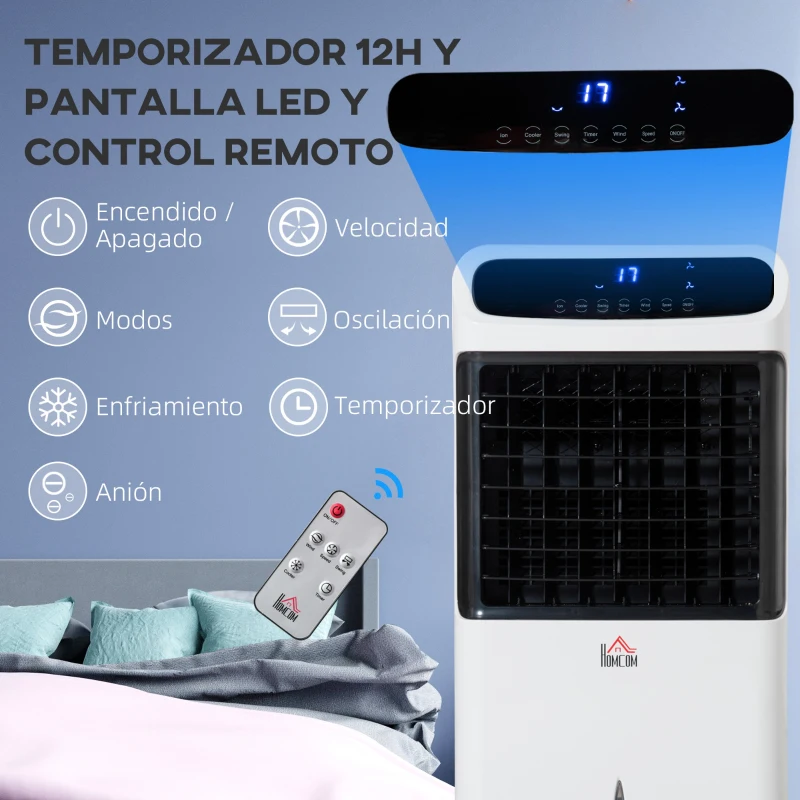 HOMCOM Climatizador 4 en 1 con Control Remoto 3 Modos 3 Velocidades Temporizador y Pantalla Táctil 38x35x81 cm Blanco