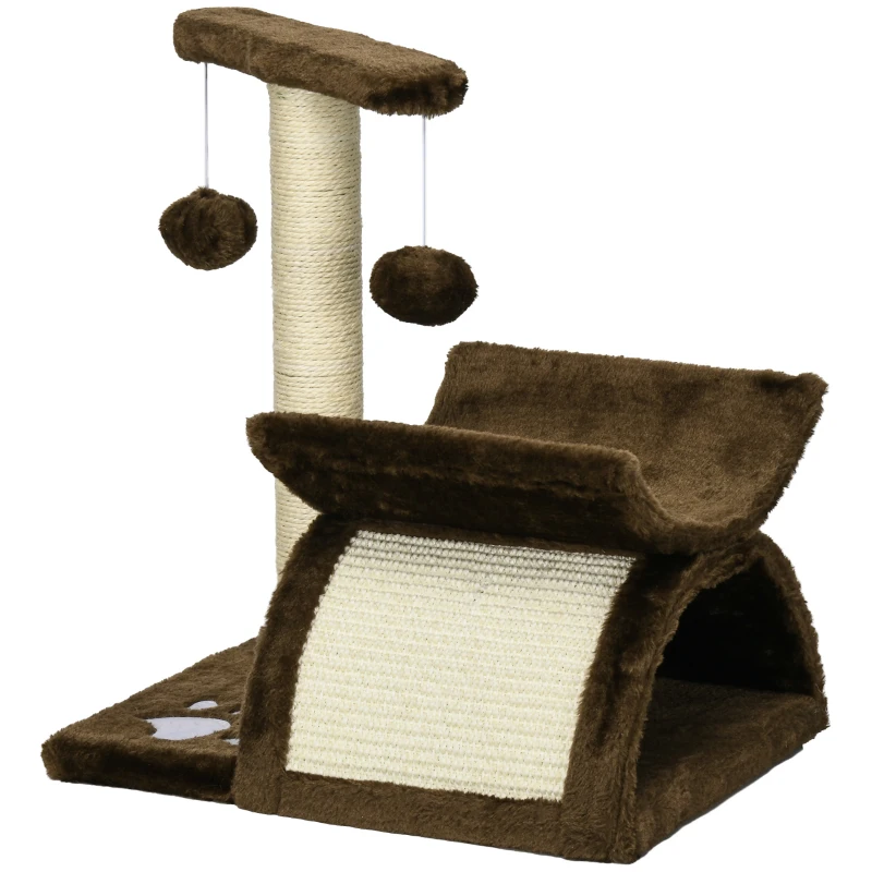 PawHut Tiragraffi Gatto Albero Tira Graffi Gioco Giocattolo per Gatti con Cuccia 2 Palline Appese in Sisal Naturale Altezza 43cm