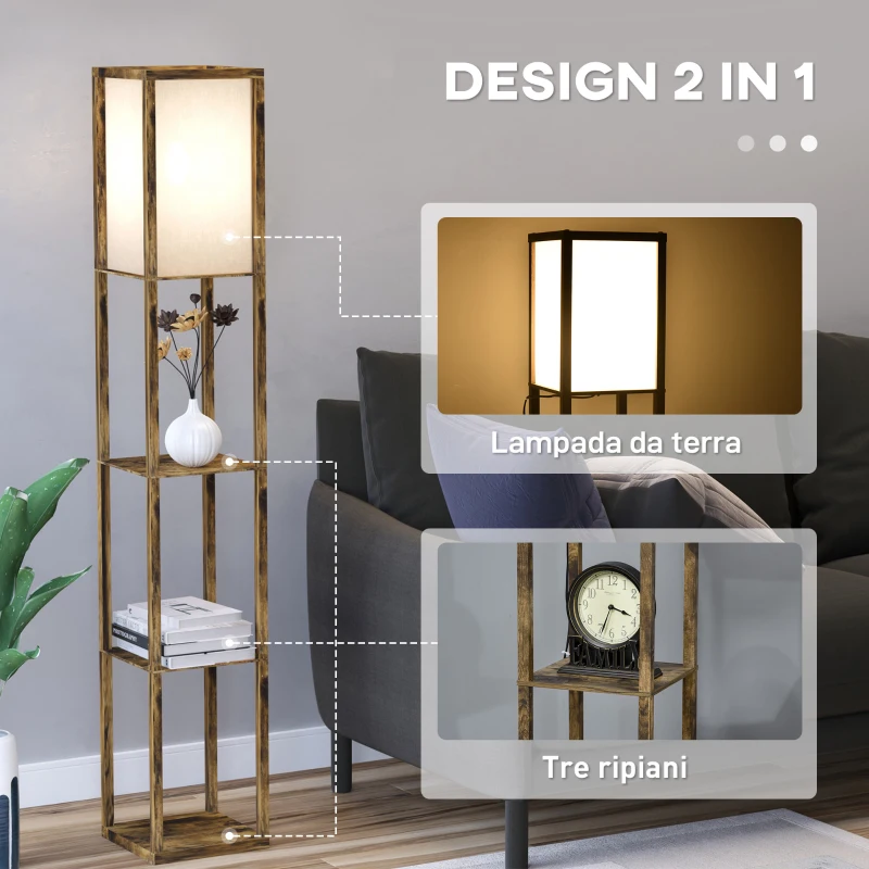 HOMCOM Lampada da Terra con 3 Mensole Integrate, Attacco E27 Potenza 40W, 26x26x160cm, Colore Legno
