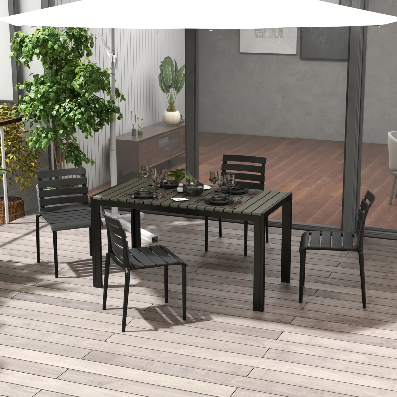 Outsunny Set da Giardino con Tavolo e 4 Sedie Impilabili in Acciaio e Doghe in Plastica, Nero