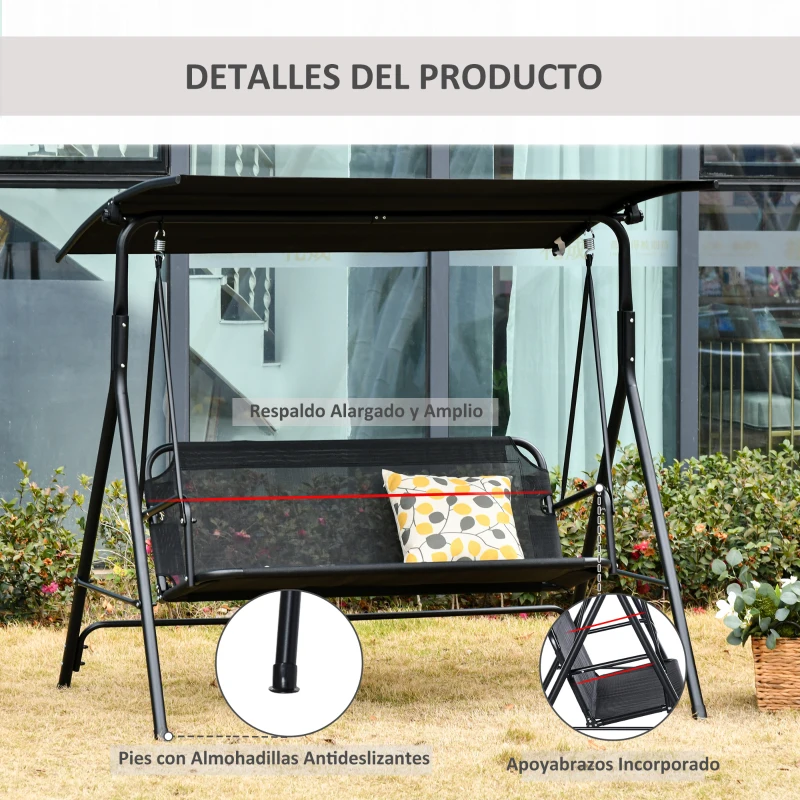 Outsunny Columpio de Jardín de Exterior de 2 Plazas Silla Balancín con Parasol Techo Ajustable en Ángulo Terraza Balcón Exterior Carga 200 kg 172x110x155 cm Negro