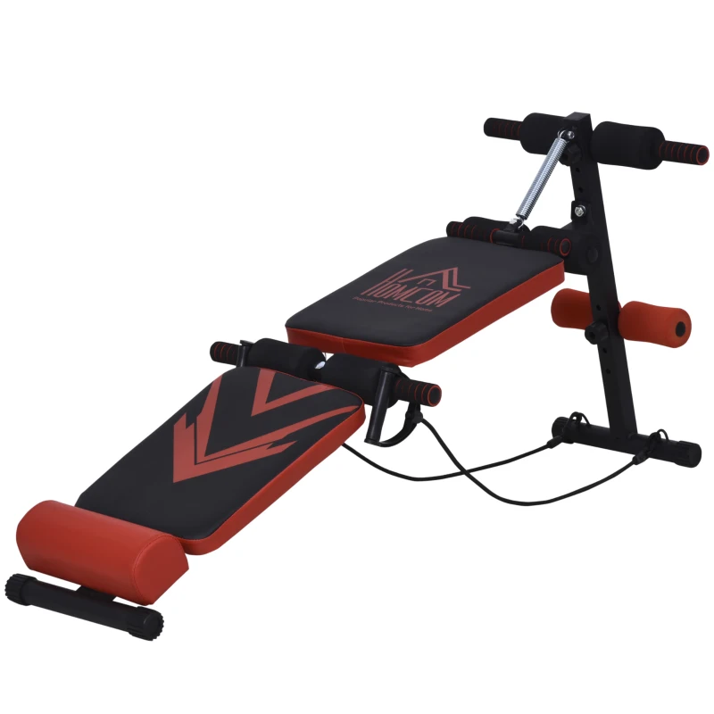HOMCOM Panca per Addominali Pieghevole Imbottita con Altezza Regolabile e Bande Elastiche, Nera e Rossa 47x135x62cm