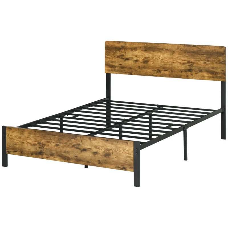 HOMCOM Cama de Matrimonio de Estilo Rústico 149x197 cm Cama Doble con Somier de Acero y Cabezal y Pie de Cama de Melamina