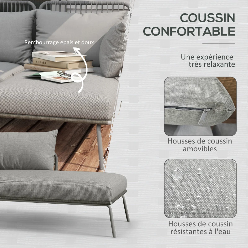 Outsunny Salon de jardin d'angle 4 pers. style colonial table basse coussins grand confort inclus résine tressée gris