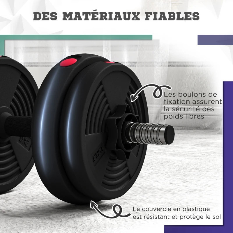 SPORTNOW Haltères 2 en 1 réglables, haltères libres avec poignées antidérapantes, 15KG - Barres incluses
