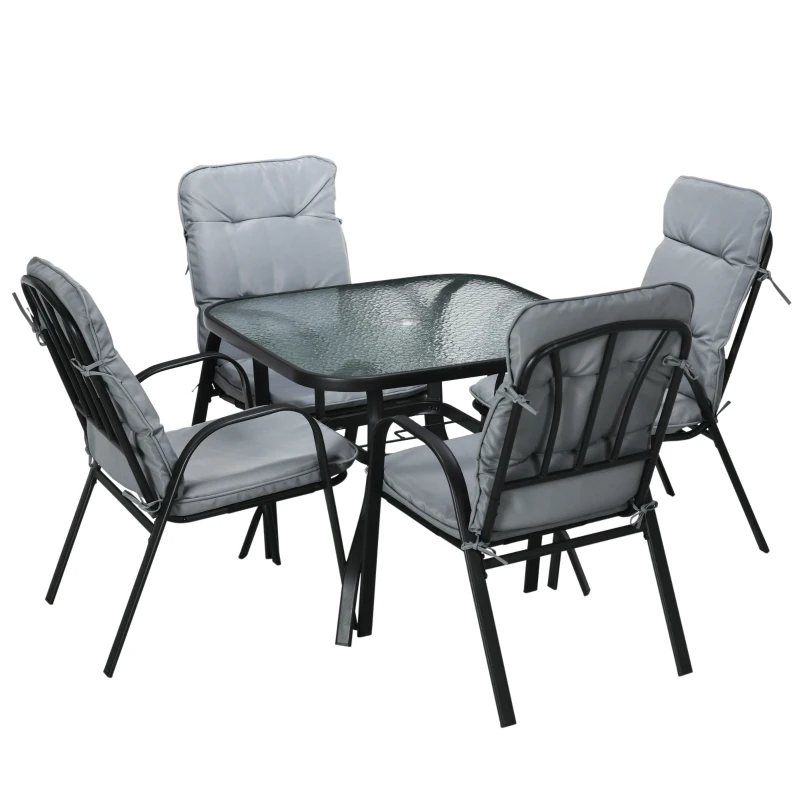 Outsunny 5 Pieces Outdoor Square Garden Dining Set w/ Tempered Glass Dining Table 4 Cushioned Armchairs, Umbrella Hole, Grey